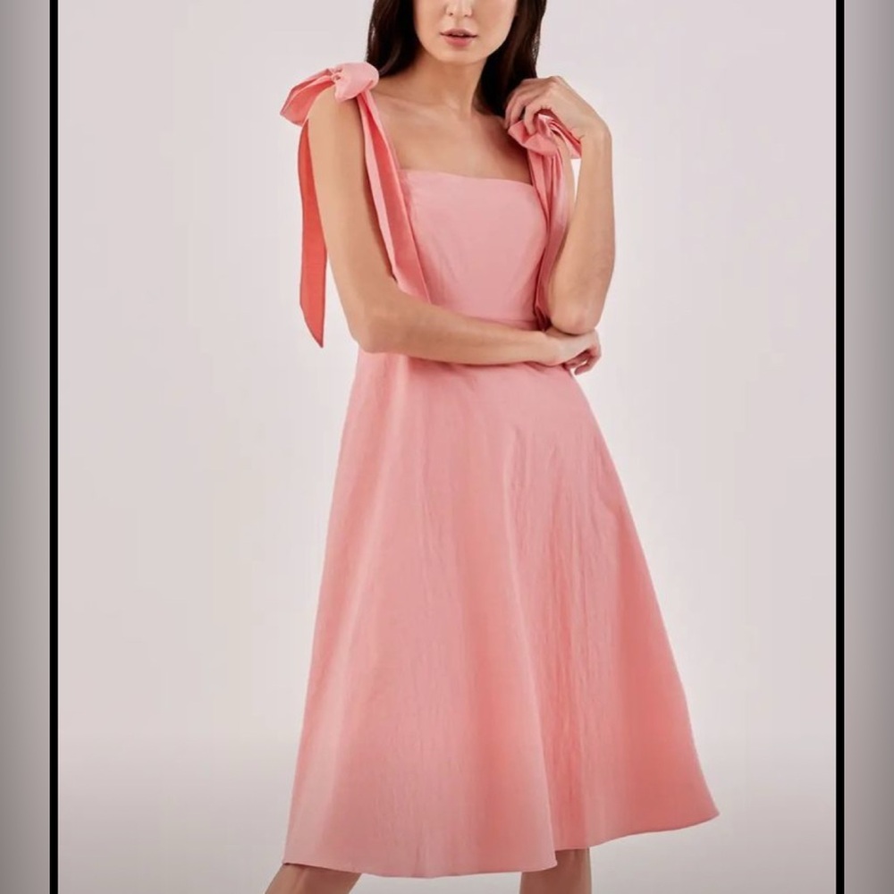 Elegant Coral Midi Dress with Bow Straps